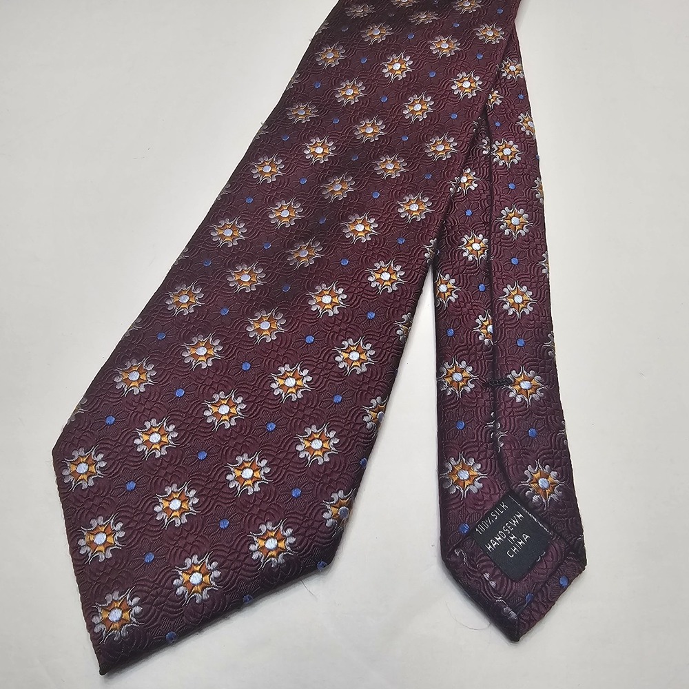 Jos A Bank Signature Collection Silk Tie Burgundy Gold Floral Blue Dots Necktie